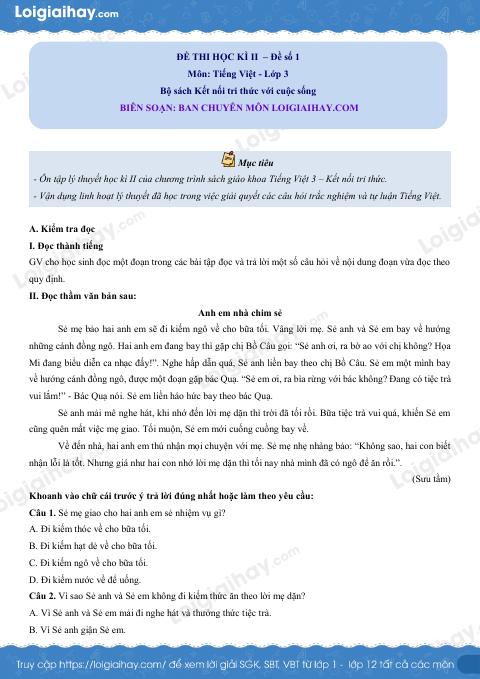 Đề thi học kì 2 Tiếng Việt 3 - Đề số 1